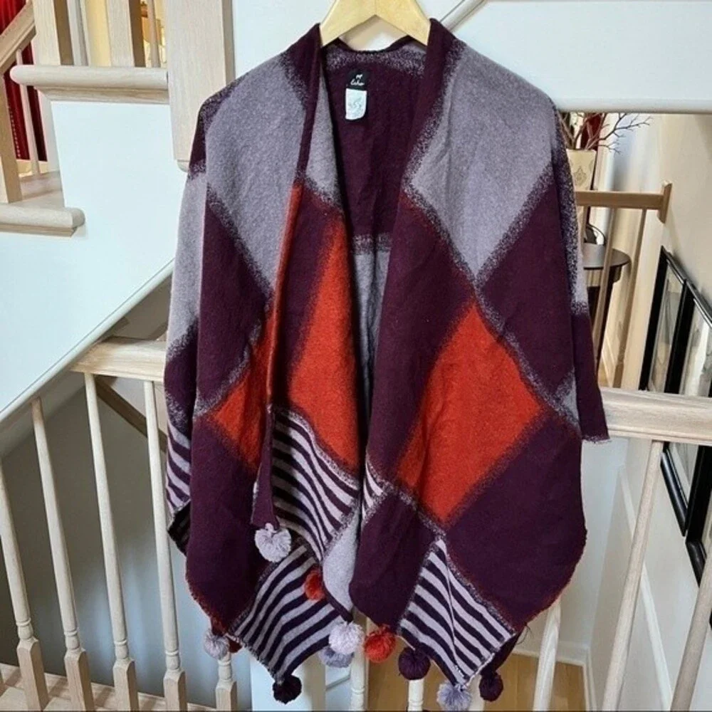 Echo  Plaid and Stripe Pom-Pom Scarf Poncho Wrap One Size